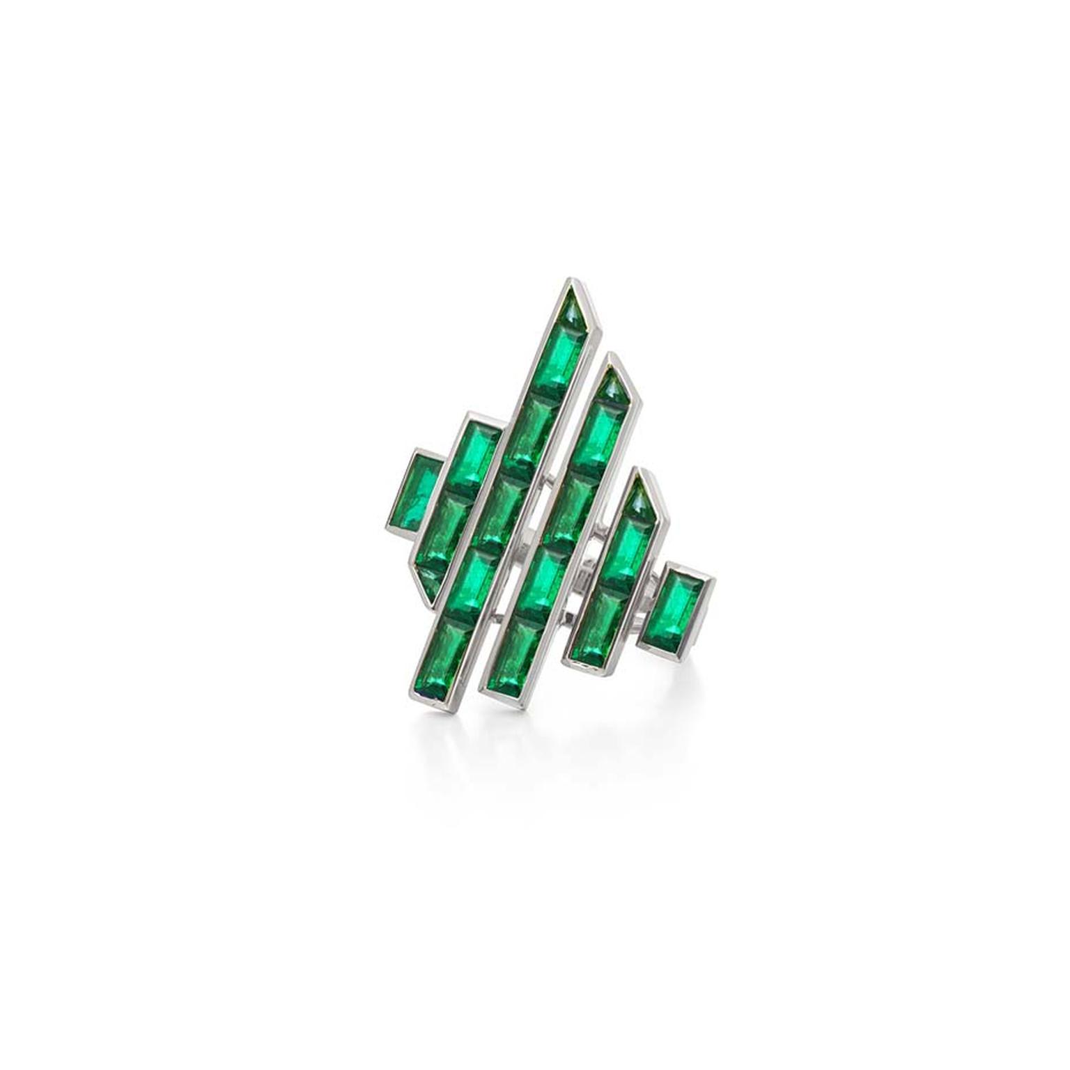 Art deco style Tomasz Donocik emerald ring, from the new Electric Night collection.