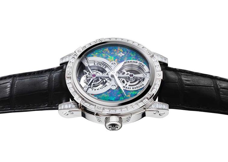 Louis Moinet opal watch from the Treasures of the World collection featuring an Australian opal dial, a tourbillon and an open-worked mainspring in a white gold 47mm case with 56 baguette-cut diamonds.