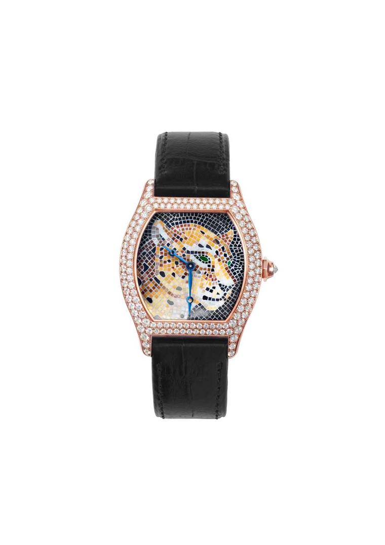 Cartier Panther Stone Mosaic motif set into a Tortue XL watch case. This limited edition of 30 watches highlights the craft of mosaics, and recreates the head of Cartier's iconic panther in mosaic tiles, with onyx mosaic tiles for the nose and spots.