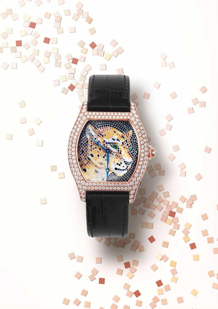 Cartier Panther Stone Mosaic motif in a Tortue XL rose gold case is set with brilliant-cut diamonds on the bezel and lugs, and displays a brilliant-cut diamond in the eight-sided crown.