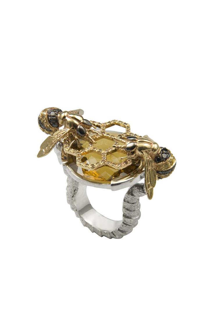 Delfina Delettrez cocktail bees ring in gold and silver with black diamonds, yellow sapphires, cognac diamonds and one cognac quartz.