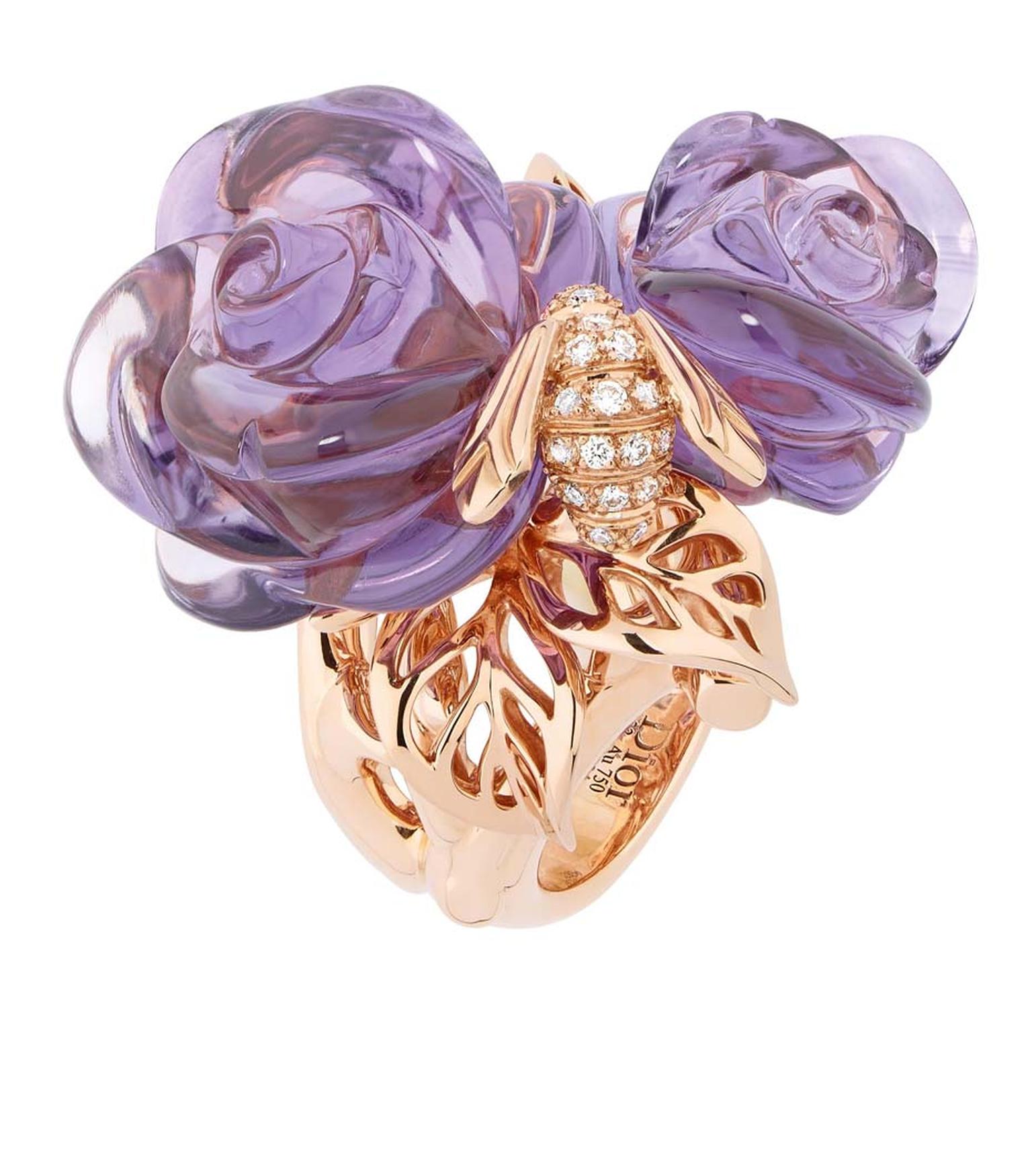 Bee-inspired Pré Catelan ring in pink gold with diamonds and amethyst by Dior Joaillerie.