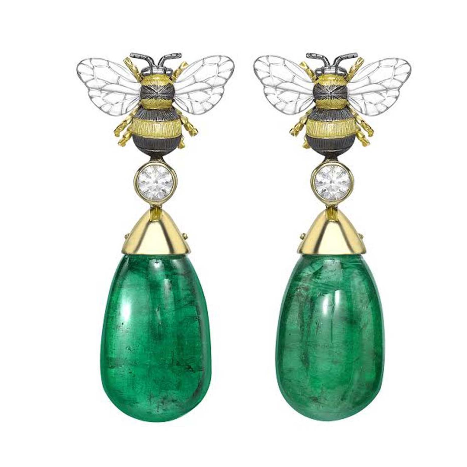 Theo Fennell Gemfields Emerald Bee Drop earrings in 18ct yellow gold with Gemfields Zambian emeralds and white diamonds.