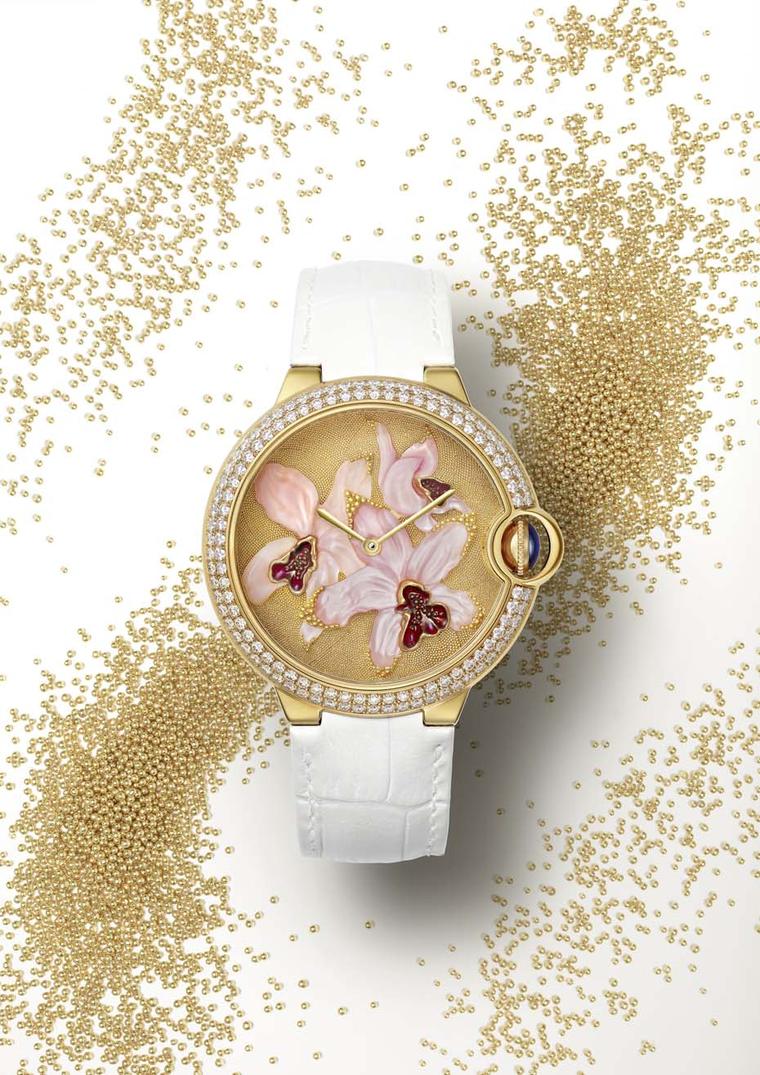 Cartier Ballon Blue Orchid ladies’ watch uses the ancient art of granulation as the backdrop to the magnificent mother-of-pearl orchid featured in the centre of the dial.