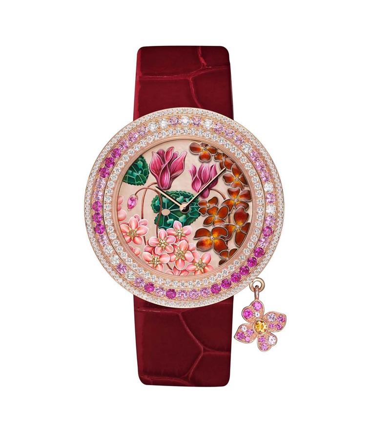 Van Cleef & Arpels Amour watch, from the Charms collection, is decorated with cyclamens, wallflowers and forget-me-nots, and is said to symbolise memory, beauty and lasting sentiments - a most appropriate message for Mother's Day.