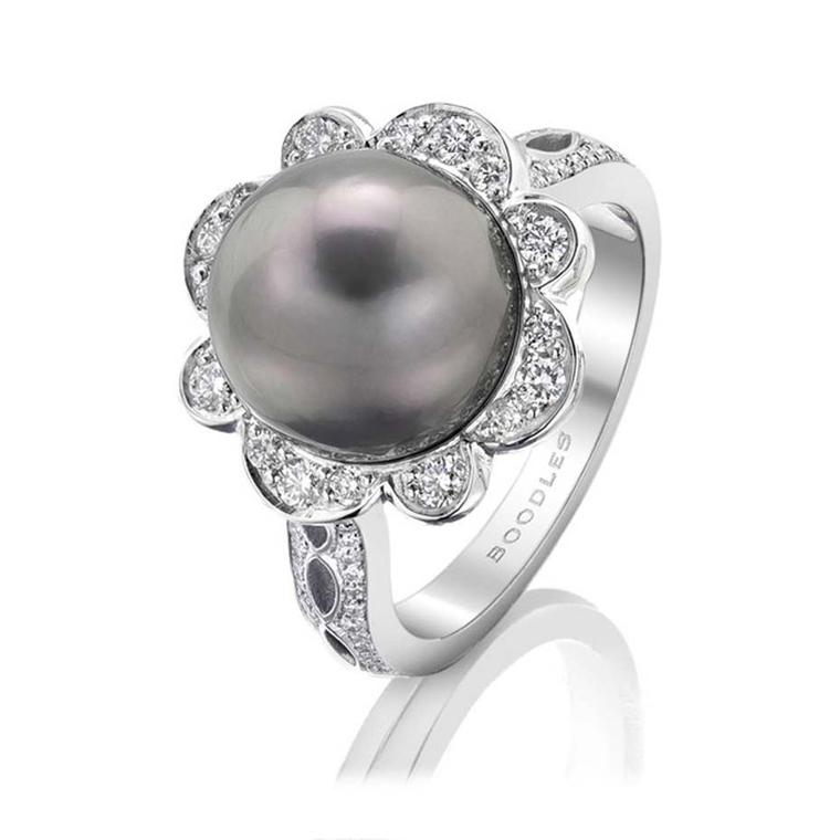 Boodles diamond and Tahitian pearl ring in white gold with pavé diamonds.