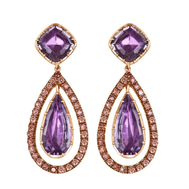 Larkspur & Hawk Caprice Wren amethyst earrings in rose gold with rose foil and diamonds ($7,500).
