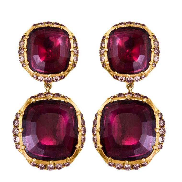 Larkspur & Hawk Caprice Wren two-drop garnet earrings in rose gold with rose gold foil and diamonds ($12,900).