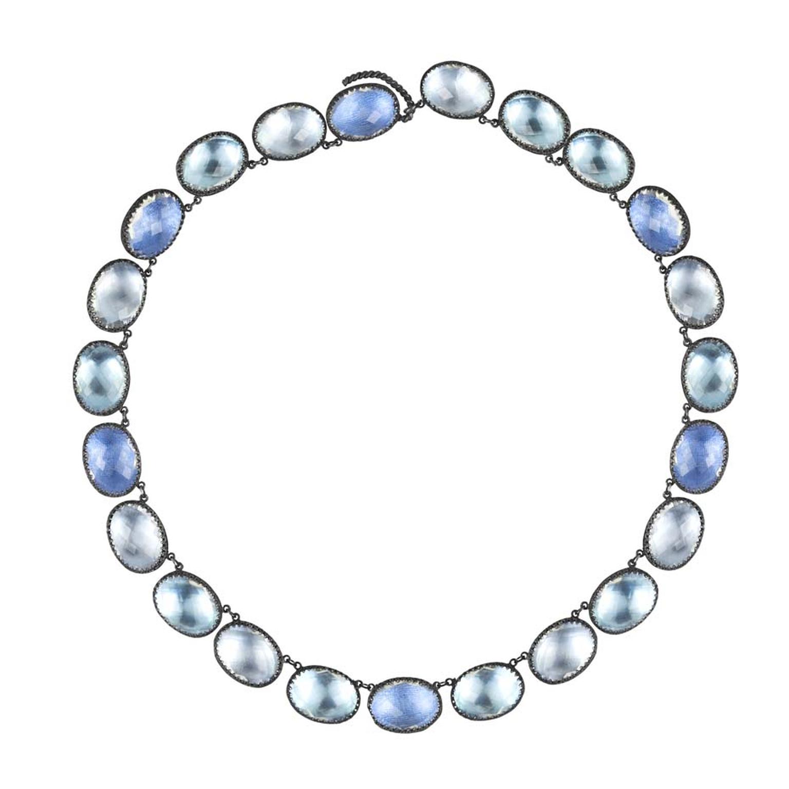 Larkspur & Hawk Lily Rivière-style white topaz necklace in oxidized silver with ice, azure and sky foils ($5,000).