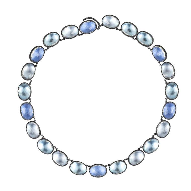 Larkspur & Hawk Lily Rivière-style white topaz necklace in oxidized silver with ice, azure and sky foils ($5,000).