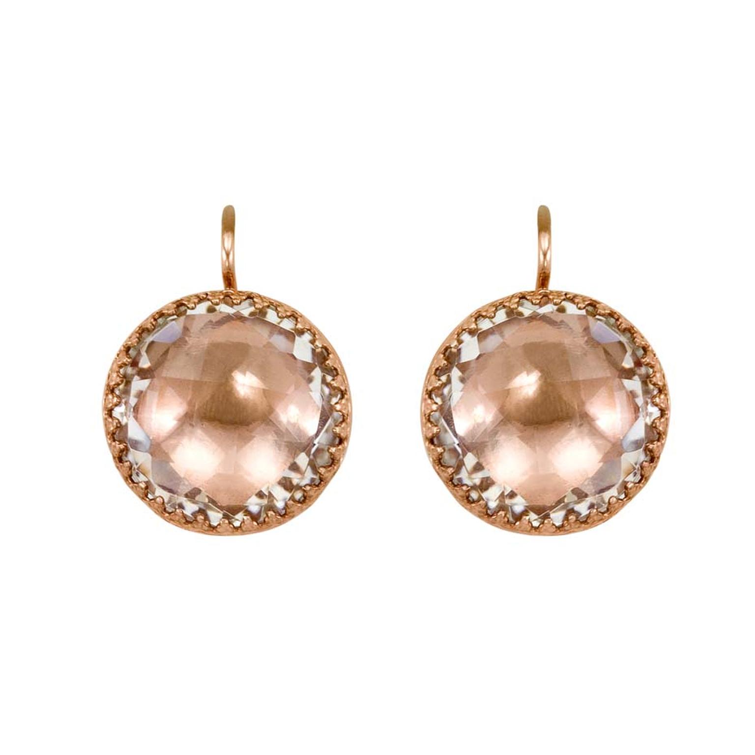 Larkspur & Hawk Olivia Button white topaz earrings in rose gold-washed sterling silver and copper foil ($1,100).