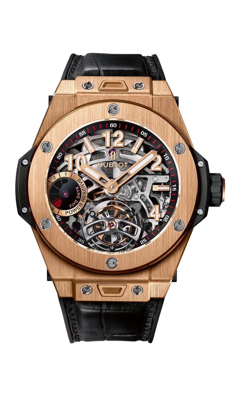 Hublot watches presented its Big Bang Tourbillon 5-day Power Reserve, the first time the Big Bang gets a tourbillon complication. Presented in an imposing 45mm case, the skeleton watch is available in King Gold - the exclusive alloy that Hublot's alchemis