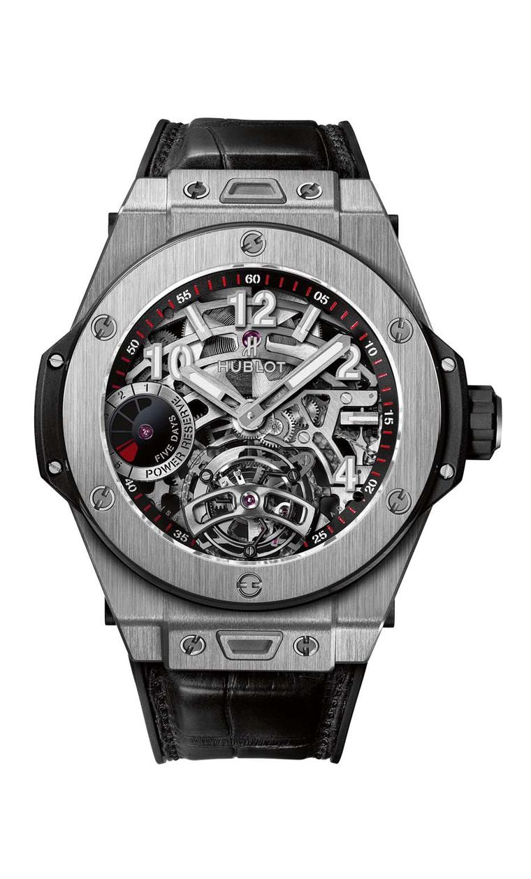 Hublot Big Bang Tourbillon 5-day Power Reserve skeleton watch in titanium features a one-minute tourbillon at 6 o'clock and a power reserve indicator at 9 o'clock. In addition to the complex skeletonisation of the movement, the numbers, indices and hands 