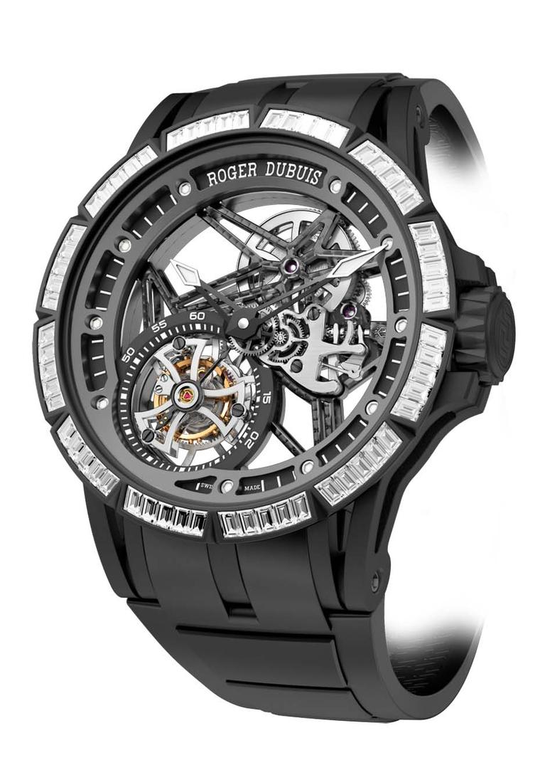 Roger Dubuis Excalibur Spider Skeleton Tourbillon is the first skeleton watch to boast a diamond-set bezel in rubber, a technique that took the brand two years to develop.