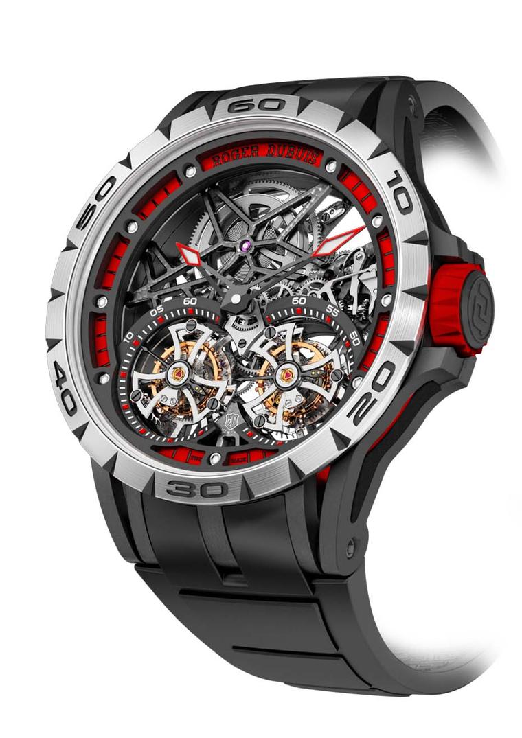 Roger Dubuis Excalibur Spider Skeleton Double Flying Tourbillon comes in a 47mm titanium case treated with black DLC, and features fiery red aluminium elements for a sporty impact and an unimpeded view of the RD01SQ automatic skeletonised movement.