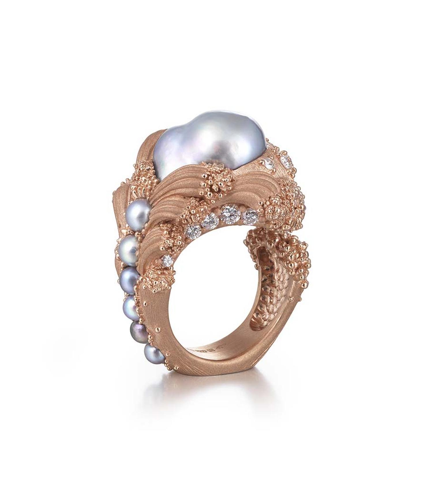 Ornella Iannuzzi's "Uprising" baroque pearl ring, currently on display at Goldsmiths' Hall, was the winner of two prestigious gold awards at the recent Goldsmiths' Craft & Design Council Awards.