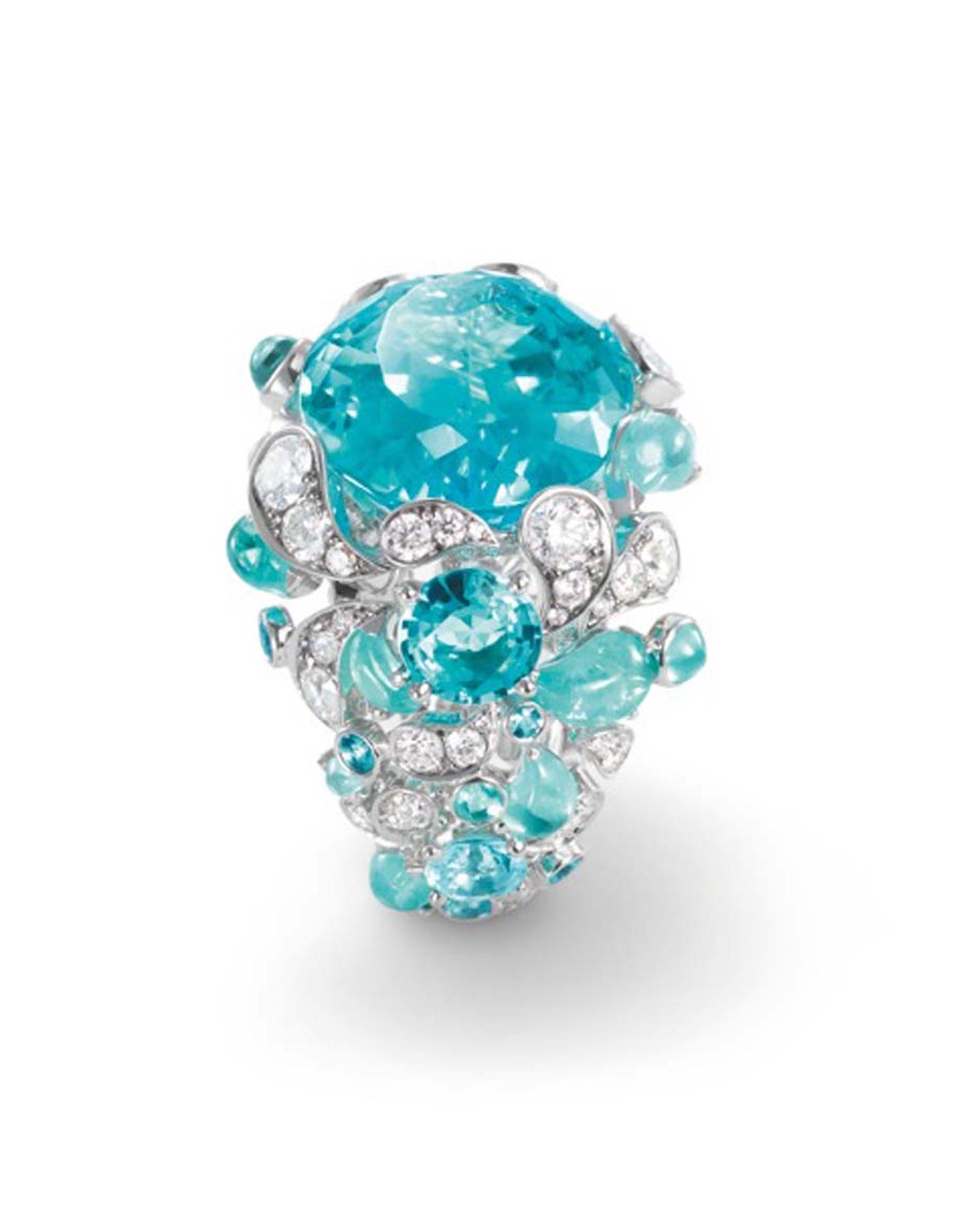 Chaumet also turned to Africa for its latest Lumières d'Eau high jewellery collection, which sets droplets of electric-blue Paraiba-like tourmalines off against splashes of diamonds and a large, square-cut aquamarines.
