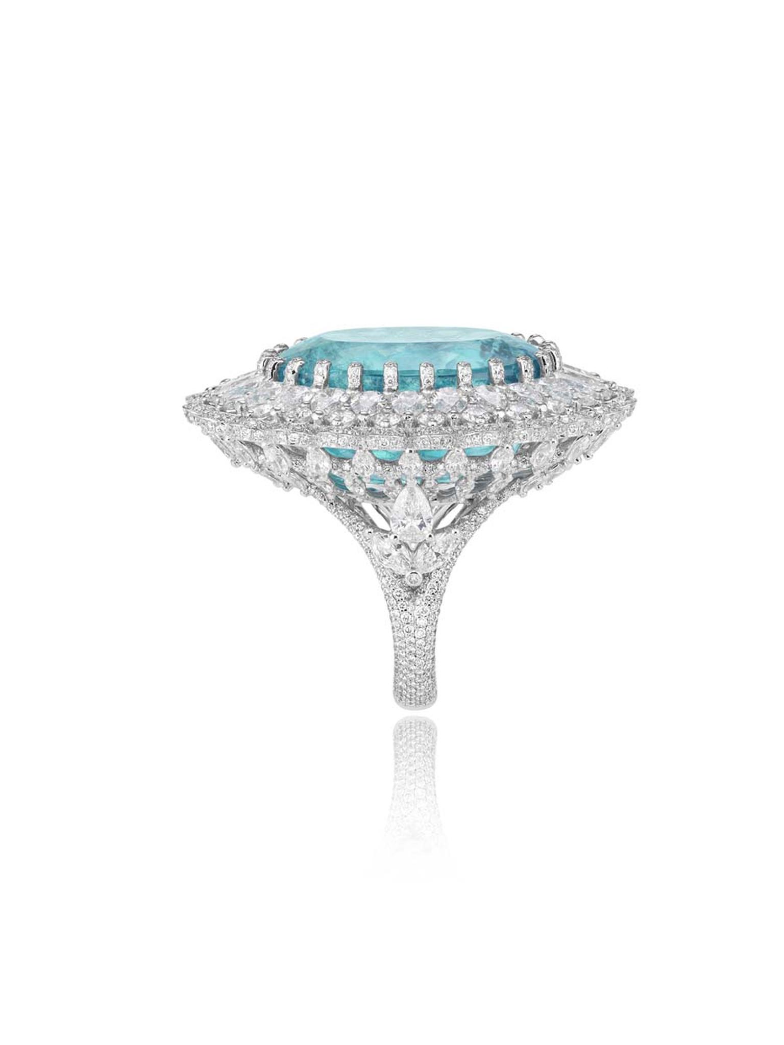 A side view of the magnificent Chopard Paraiba-like tourmaline ring, launched during Paris Couture Week.