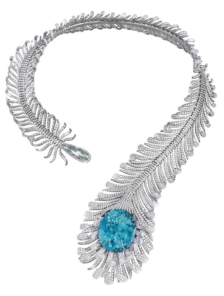 Moussaieff's feather necklace features a natural "no heat" vibrant neon green Paraiba-like tourmaline from Mozambique, mounted in a titanium feather necklace set with 56.35ct of diamonds.