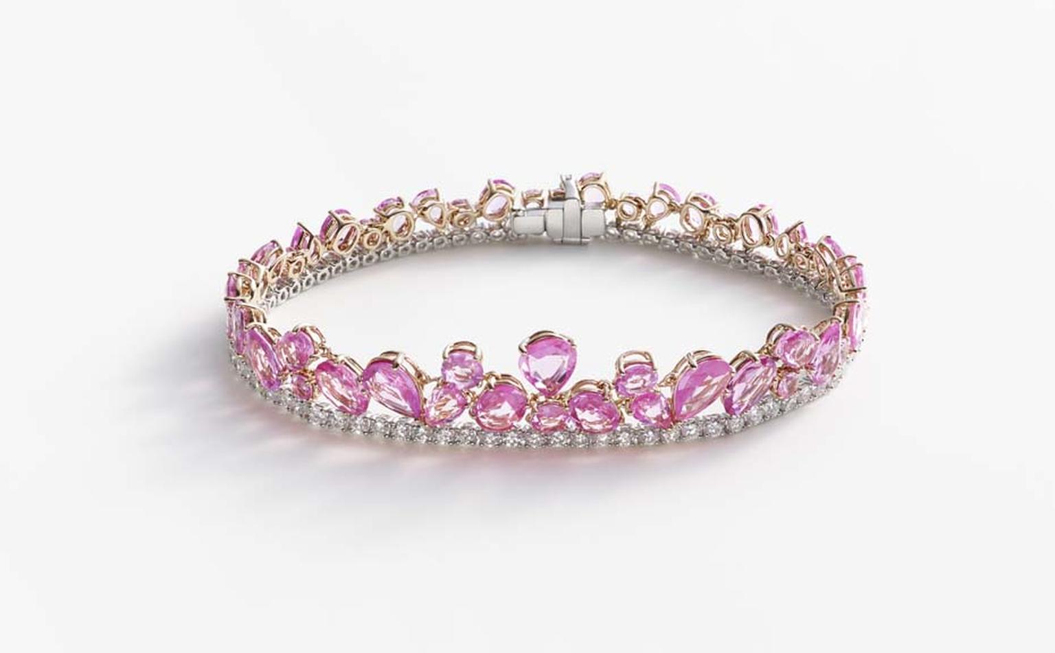 William & Son celebrates pink sapphires in its new Beneath the Rose high jewellery collection. Pink sapphire bracelet with diamonds in white and rose gold.