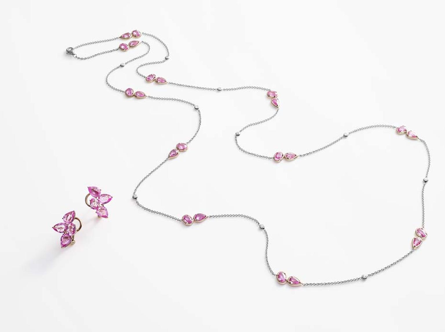 This long sautoir-style pink sapphire necklace, pictured alongside pretty lobe-hugging earrings, from William & Son features pairs of pink sapphires in soft organic shapes and can be worn long or wrapped twice around the neck.