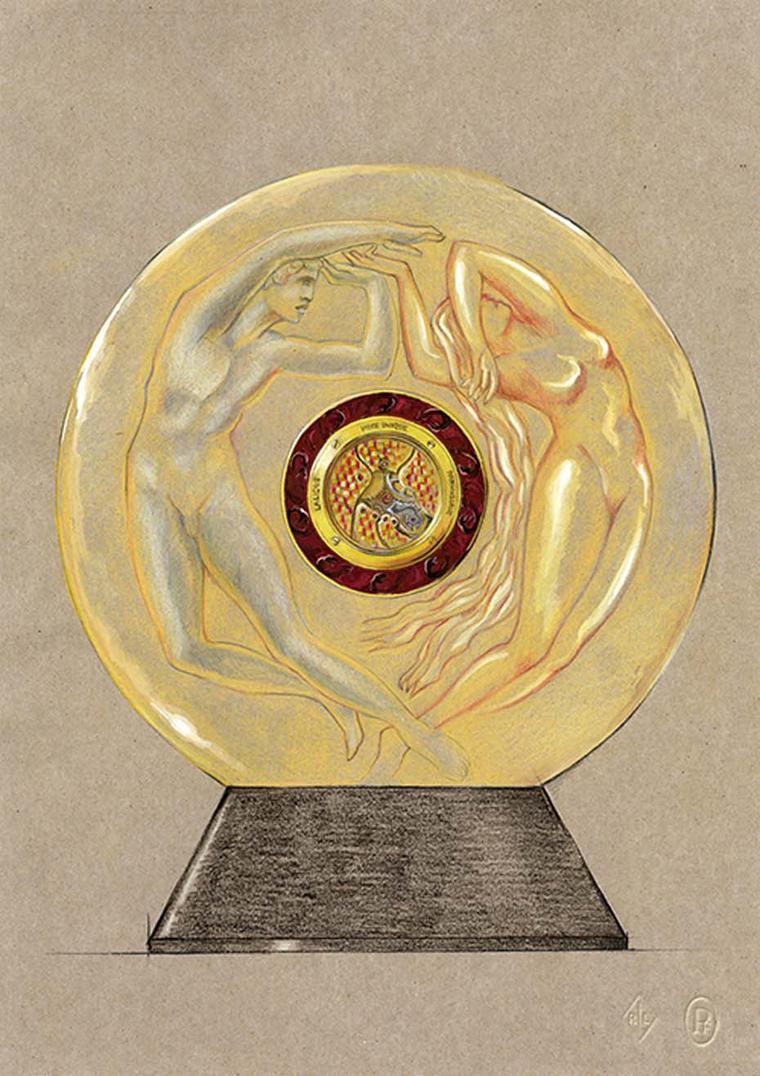 The reverse side of the Parmigiani Lalique Serpent table clock features the same intertwined serpents that appear on the dial and reveals the Parmigiani movement of the clock with decorated bridges and an 8-day power reserve.