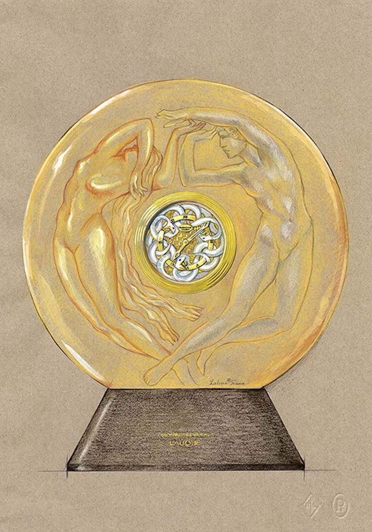Parmigiani Lalique Serpent table clock has an amber crystal case and a marquetry dial designed in relief with intertwining serpents.