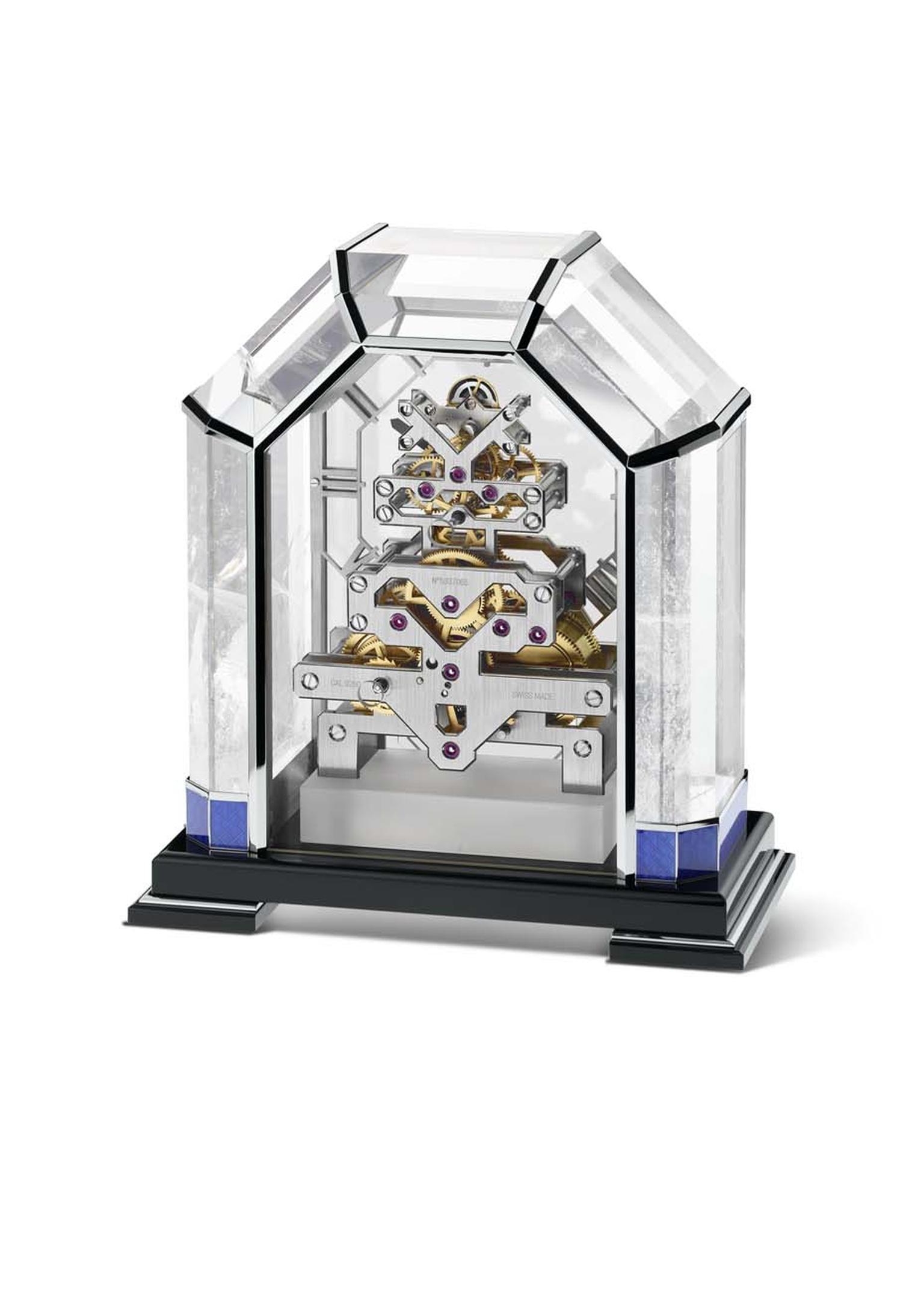 The Vacheron Constantin Arca table clock required the dexterity of a master stonecutter and a master glassmaker to reveal the intrinsic beauty of the rock crystal. Sitting on an obsidian plinth, the piers of the arch feature blue Grand Feu enamelling and 