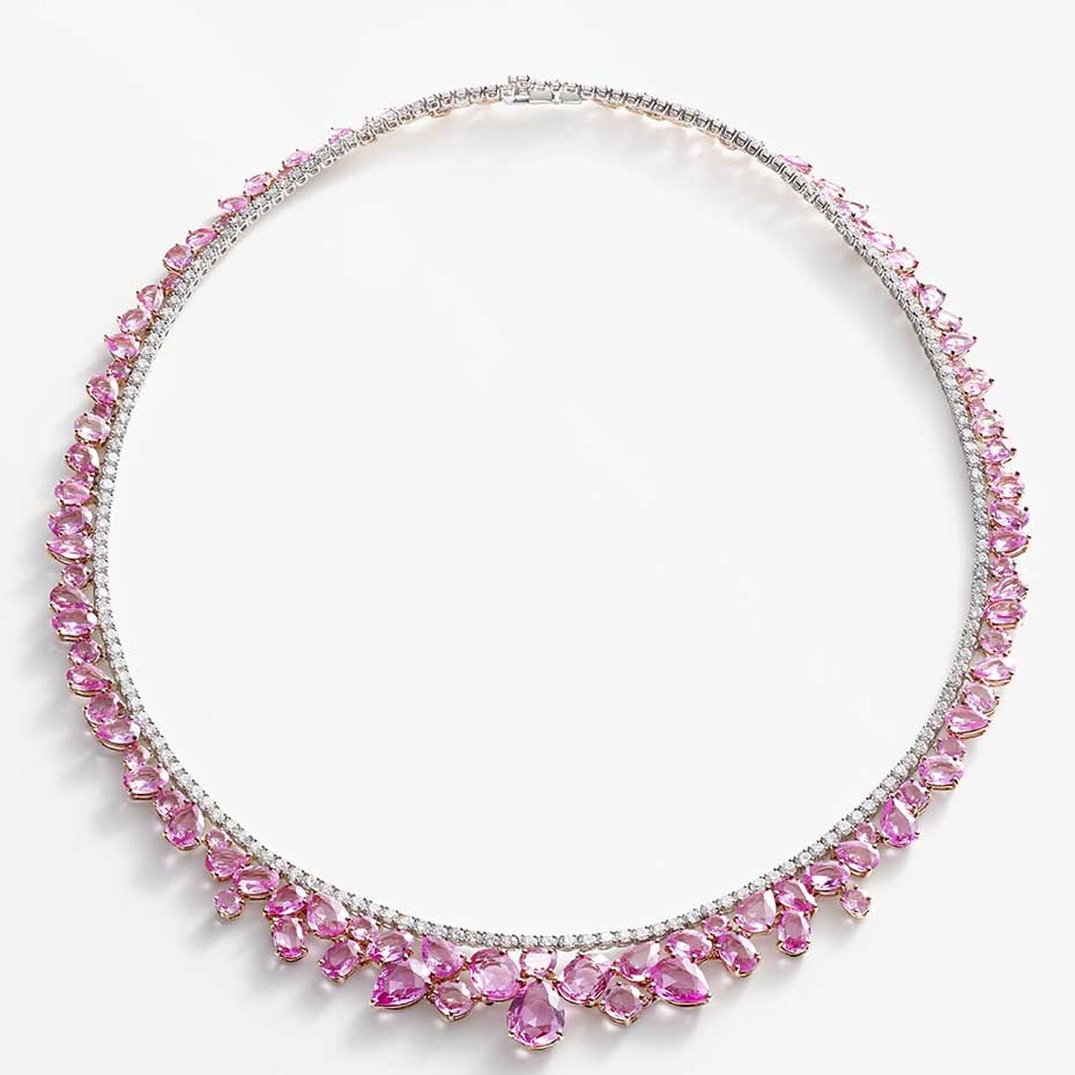 William & Son celebrates pink sapphires in its new Beneath the Rose high jewellery collection. Pink sapphire bracelet with diamonds in white and rose gold.