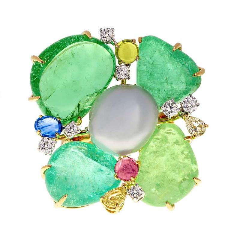 Margot McKinney high jewellery ring set with 37.35ct African Paraiba-like tourmalines, a South Sea pearl, diamonds and sapphires.
