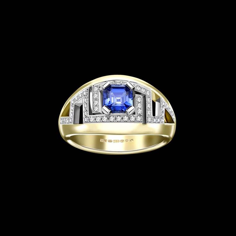 Hattie Rickards bespoke sapphire engagement ring in Fairtrade yellow gold set with pavé diamonds.