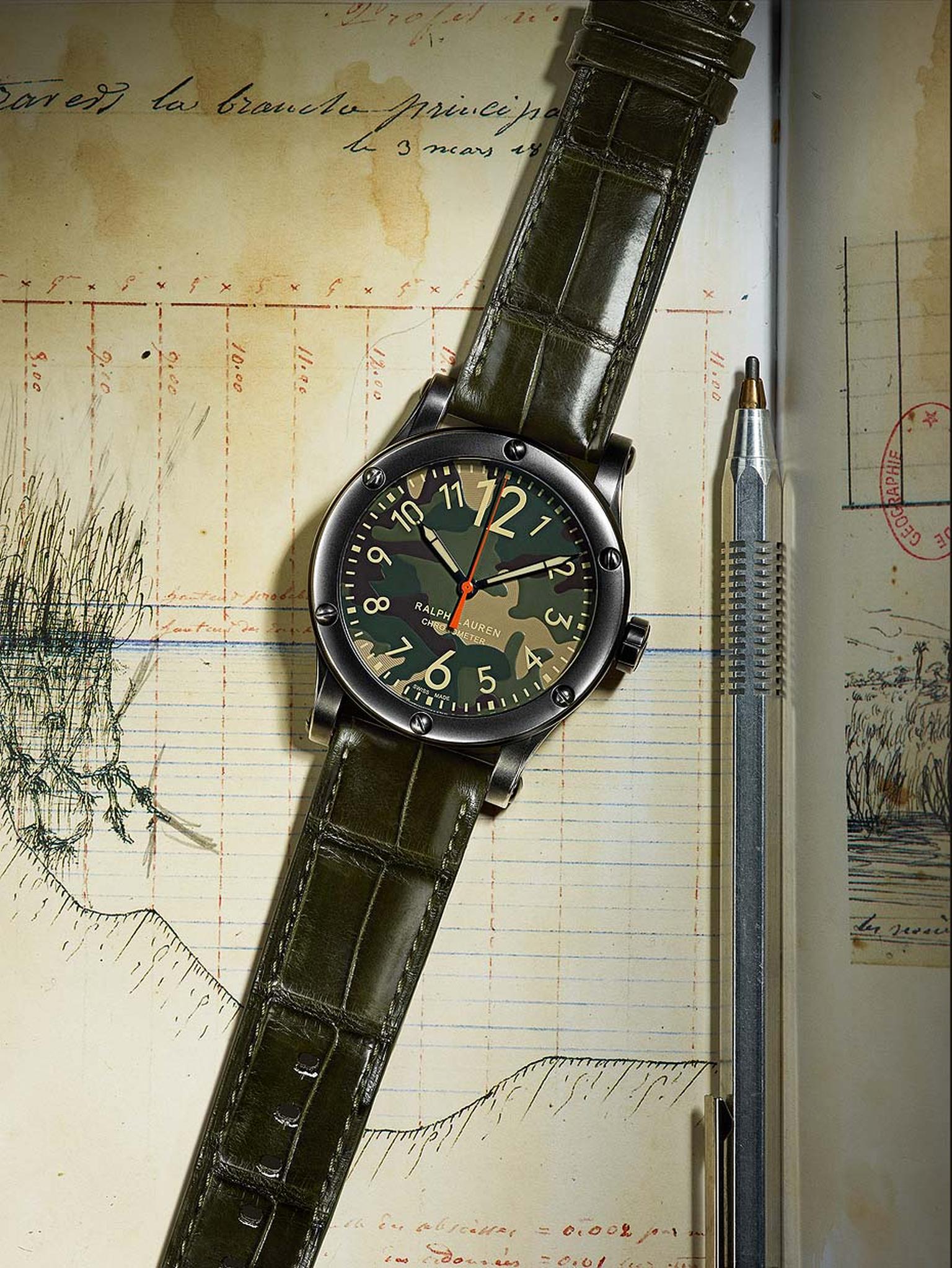 Ralph Lauren watches RL67 Safari Chronometer. Like its brother with the khaki dial, the new camouflage dial watch is equipped with automatic calibre RL300-1, a COSC-certified chronometer movement.