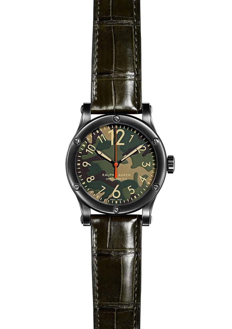 Ralph Lauren watches Safari Chronometer boasts a mottled green camouflage dial and comes in a 45mm blackened steel case with a green alligator strap.