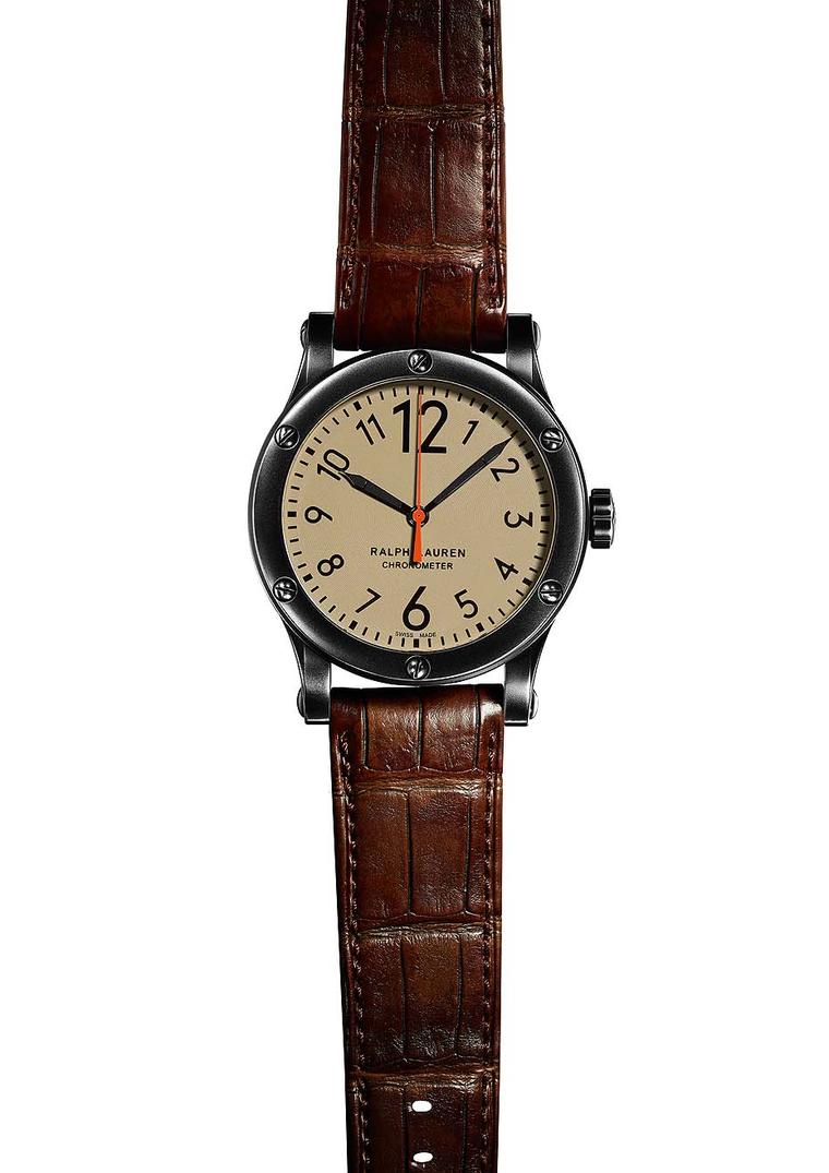 Ralph Lauren watches Safari Chronometer has been kitted out with a khaki-coloured dial and is presented in a 39 or 45mm stainless steel case with a blackened finish.