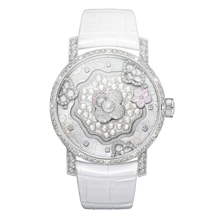 Chaumet Hortensia Creative Complication watch houses an exclusive Swiss automatic movement and involved the work of countless artisans to sculpt the mother-of-pearl dial, engrave the 41mm white gold case and set the diamonds.