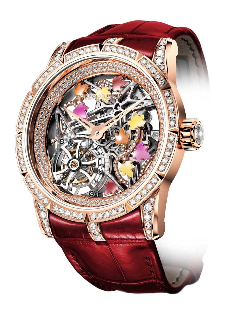 Roger Dubuis watches transports us back to the Arthurian fantasy forest with the Excalibur Creative Skeleton Brocéliande ladies’ watch. A trellis of colourful ivy leaves entwine themselves around the skeletonised architecture of the watch.