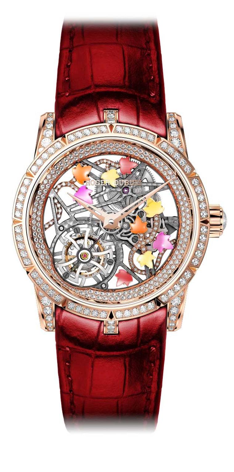 Roger Dubuis Excalibur Creative Skeleton Brocéliande ladies' watch features a flying tourbillon, semi-precious stones on the ivy leaves, and 3.44 carats worth of diamonds sprinkled over the 42mm rose gold case.