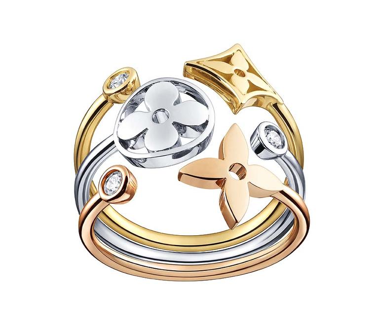 This stackable Louis Vuitton ring in white, yellow and pink gold with diamonds from the Monogram Idylle collection can be worn together or separately (£2,030).
