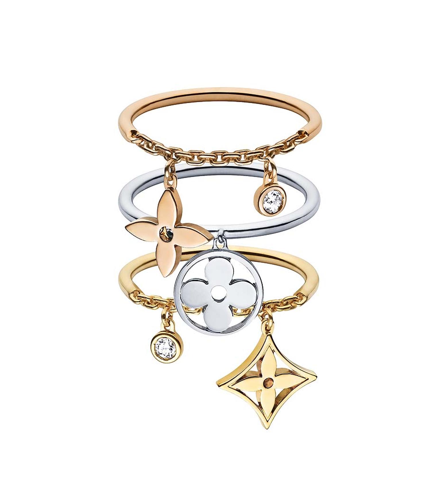 Louis Vuitton's Dangling Variations ring can be worn separately, or stacked together to make more of a statement.