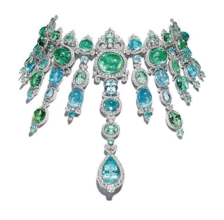 The show-stopping Giampiero Bodino Barocco choker, set with cascades of blue and green African Paraiba tourmalines totalling 326.21ct in white gold with diamonds.