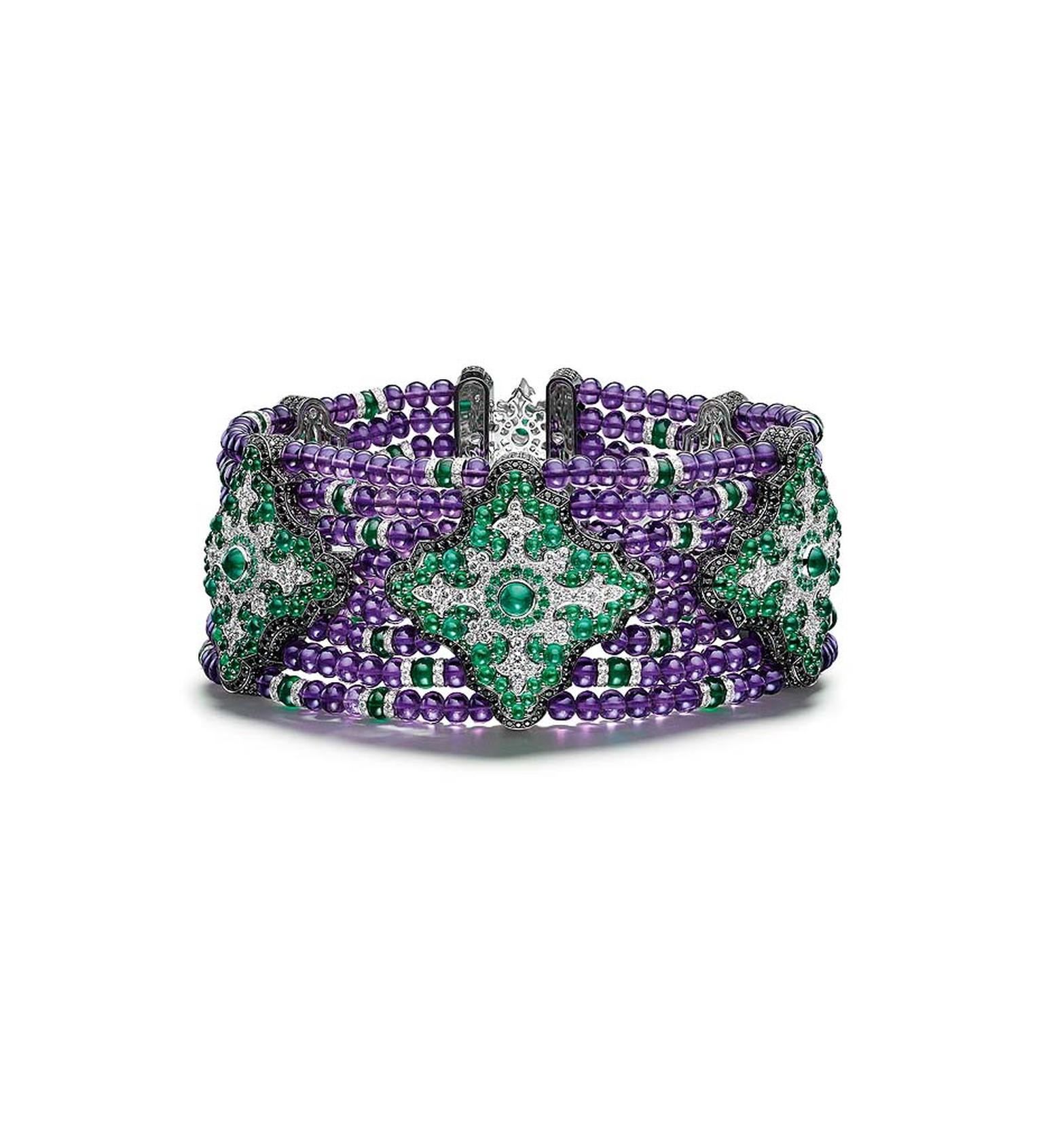 Giampiero Bodino Primavera choker in white gold with emeralds, pink sapphires and white, grey, yellow and cognac diamonds.