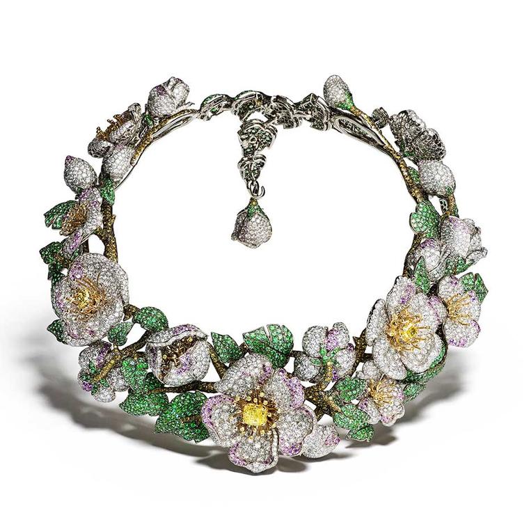 Giampiero Bodino Simonetta necklace from the Primavera collection set with yellow, white and cognac diamonds, pink sapphires and emeralds in white and yellow gold.