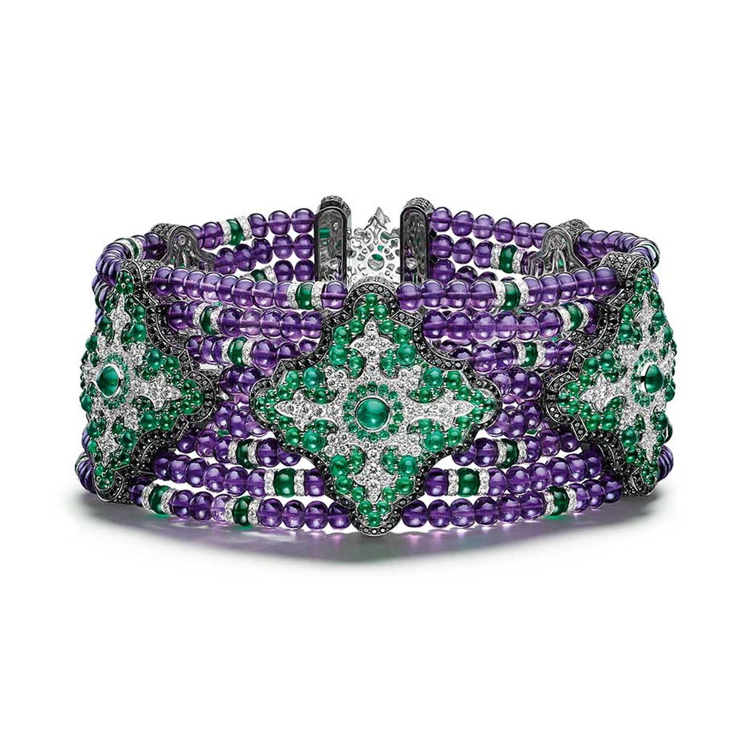 Giampiero Bodino Rosa dei Venti choker in Emeralds, amethysts, diamonds, black spinels, and white gold.