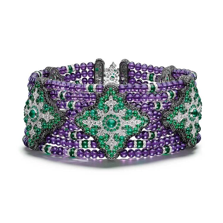 Giampiero Bodino Rosa dei Venti choker in Emeralds, amethysts, diamonds, black spinels, and white gold.