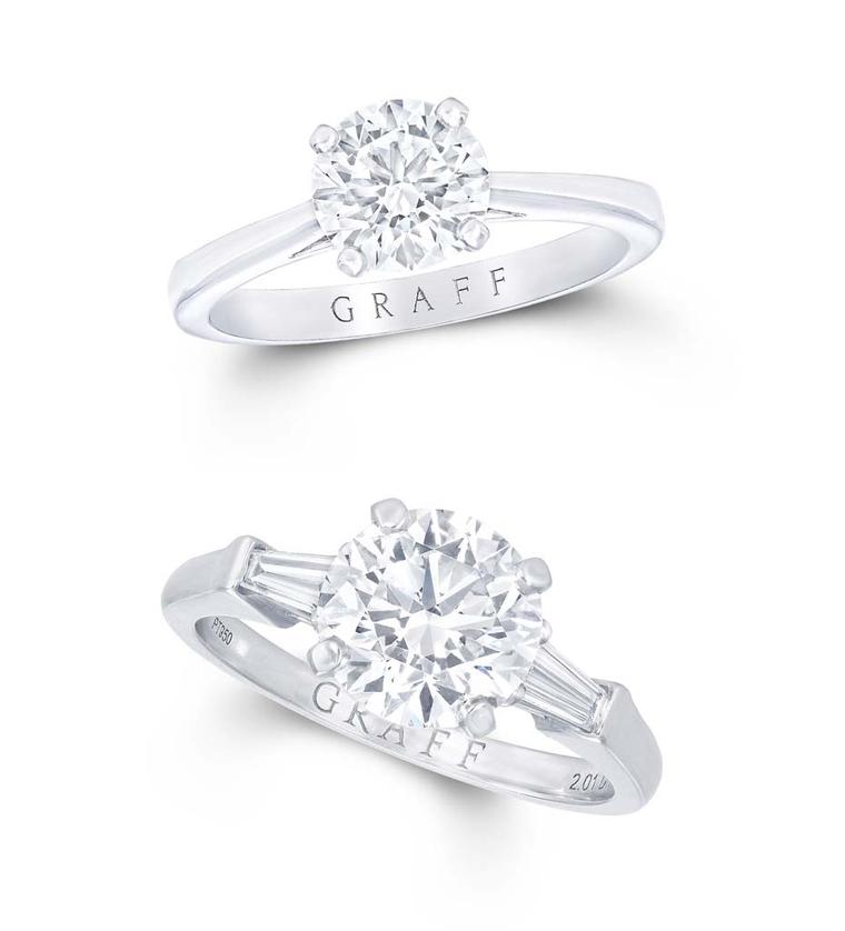 A 2 carat diamond engagement ring dramatically increases the wow factor as well as the value. Pictured here is a Graff Paragon 1.1 carat diamond ring alongside a Graff Promise 2.01 carat diamond ring.