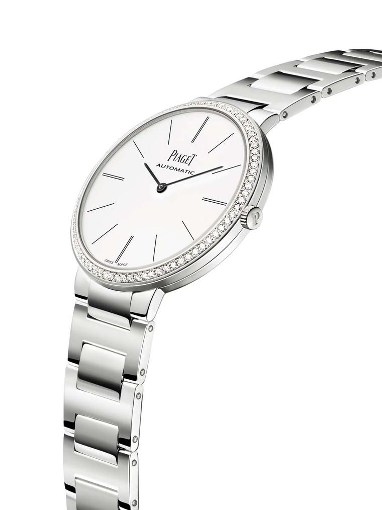 Piaget Altiplano 38mm white gold men's watch is enhanced with 78 brilliant-cut diamonds on the bezel. The smaller ladies' model sparkles with 68 diamonds.