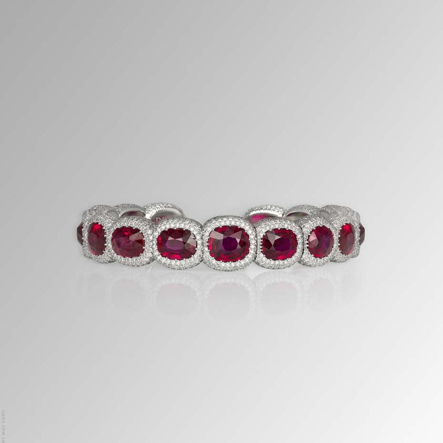 David Morris Mozambique ruby bangle, with a round white diamond micro-set surround set in white gold.