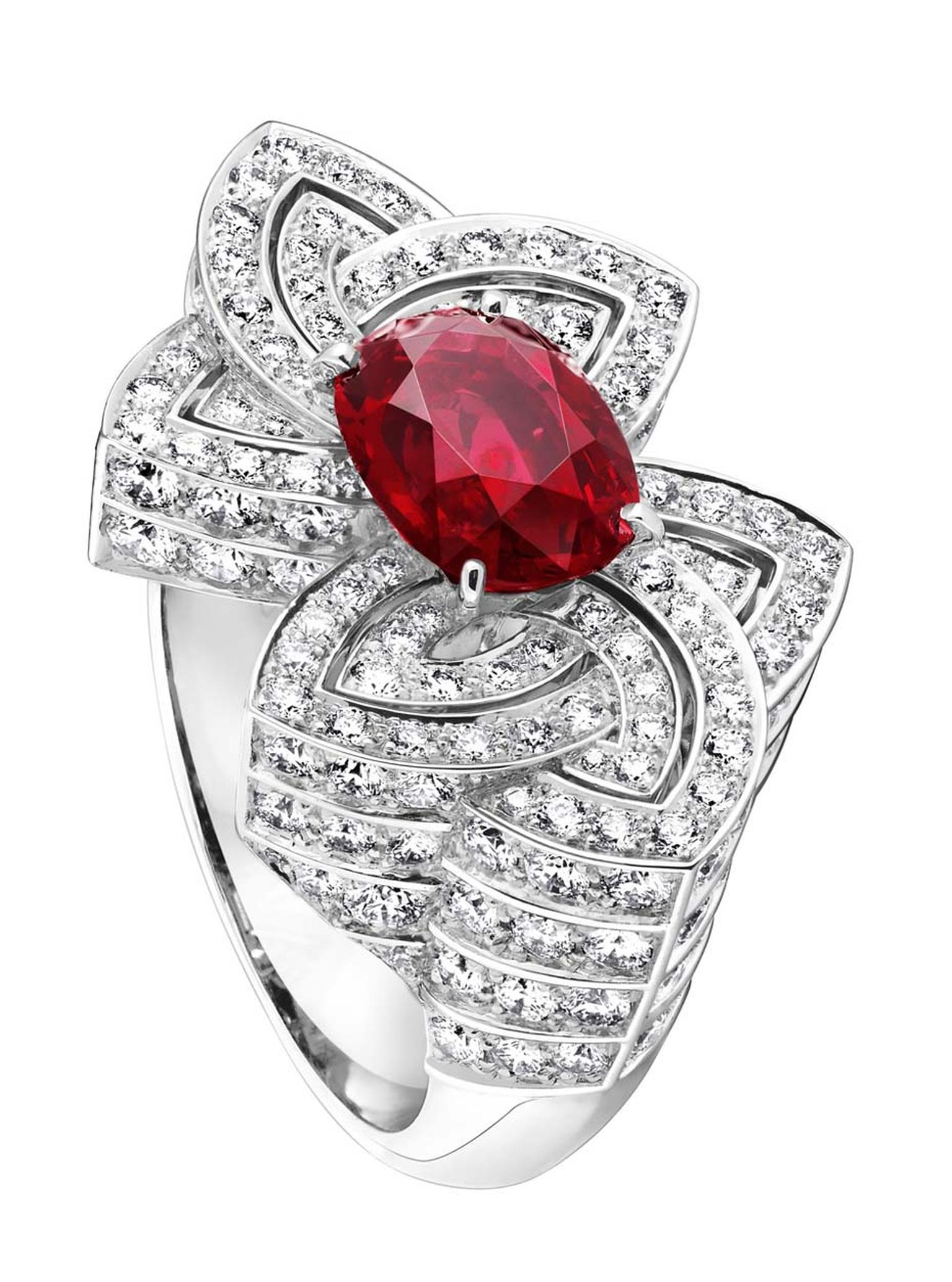 Louis Vuitton ring featuring a central African ruby, flanked by diamond-shaped petals.