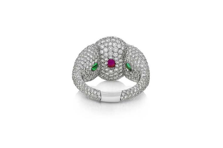 The African ruby and emeralds peep through when viewed from behind in Niquesa's Rose of the Desert ring.