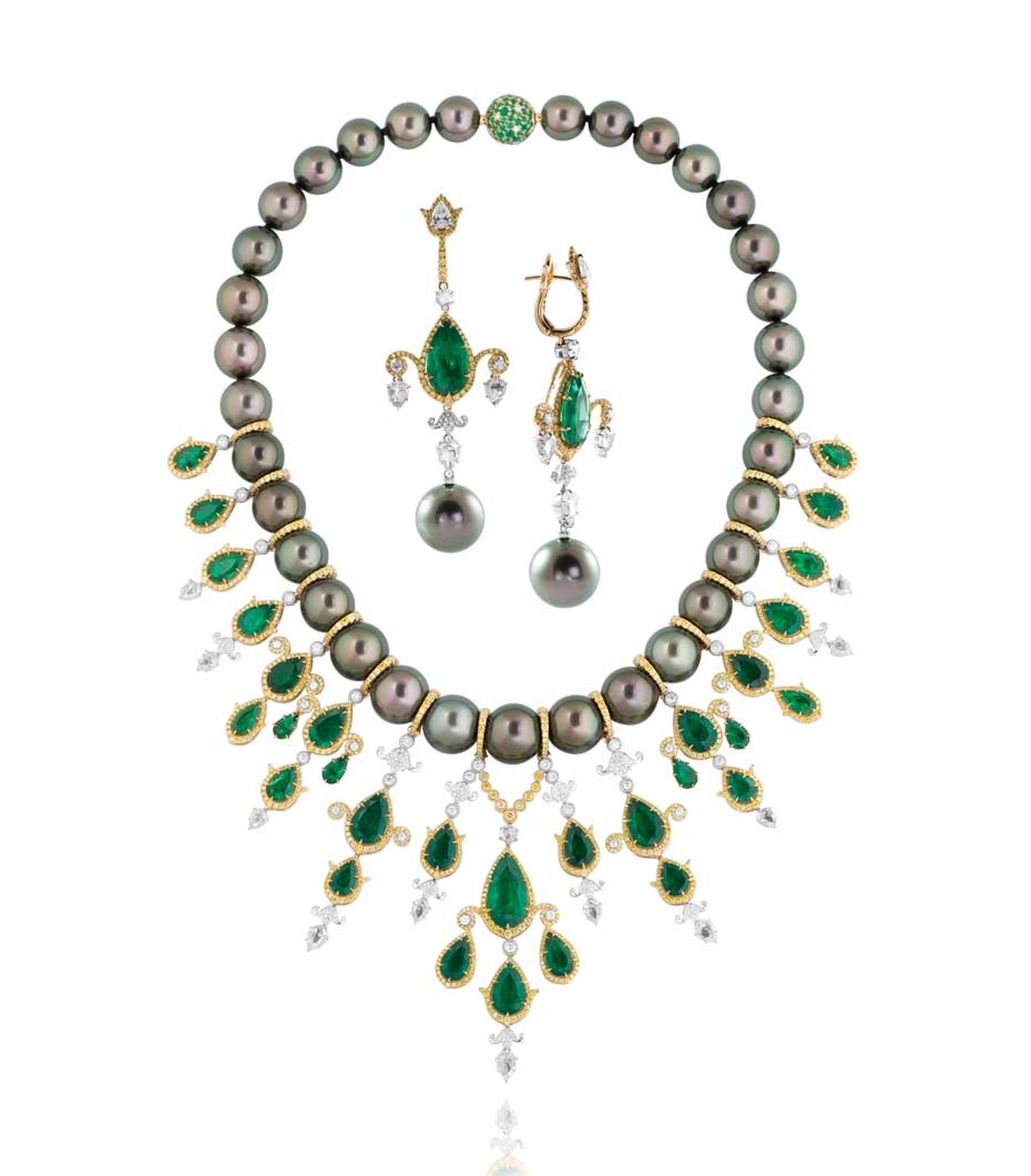 Former Couture Design Awards finalist Alessio Boschi's Breakfast in Jaipur Tahitian pearl, emerald and diamond necklace and earrings.